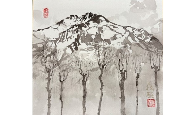 1day　墨で「八海山」を色紙に描く