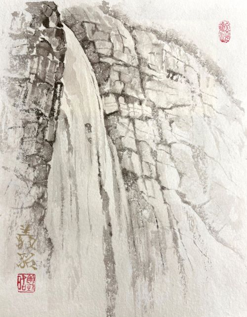 1day　墨で「不動滝」を色紙に描く